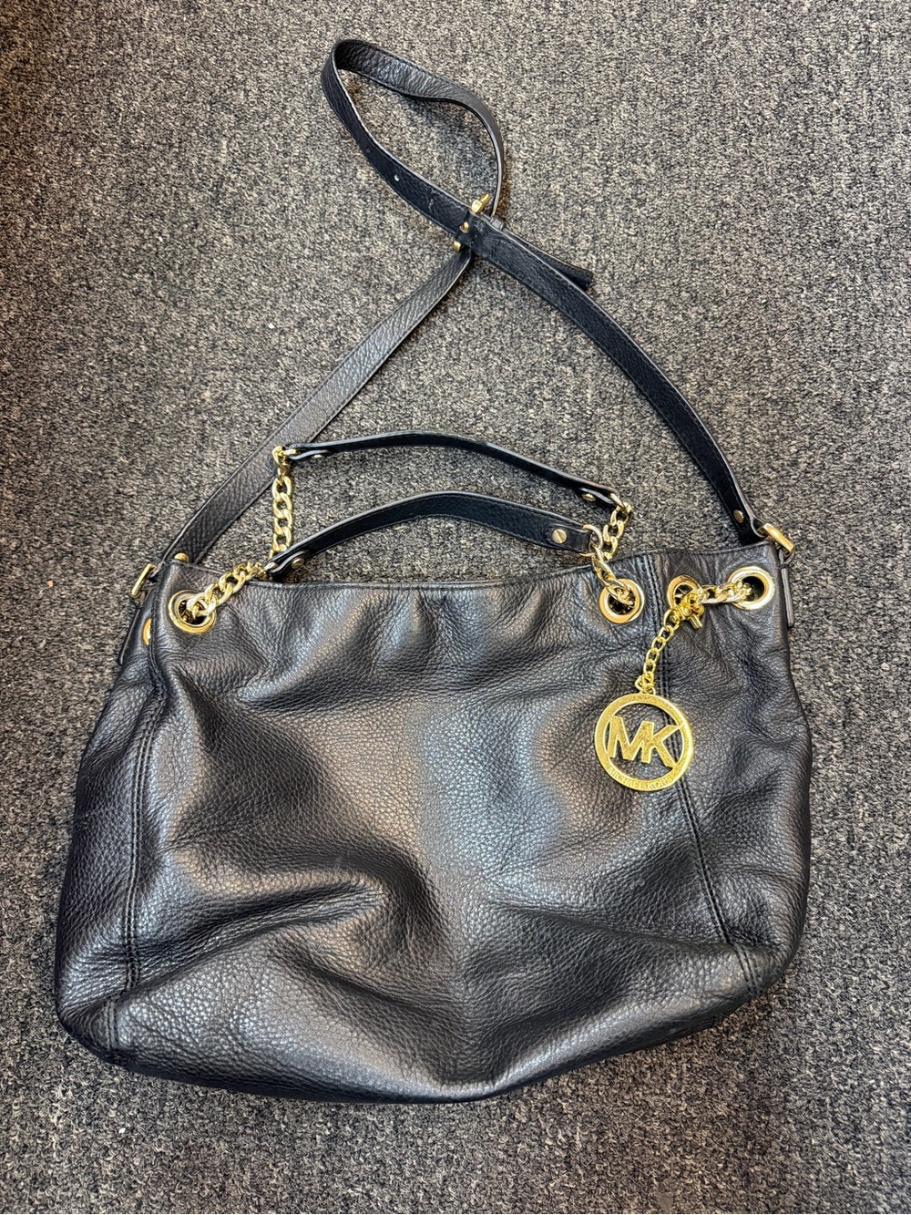 Michael Kors Black Pebbled Leather Shoulder Bag with Gold Chain